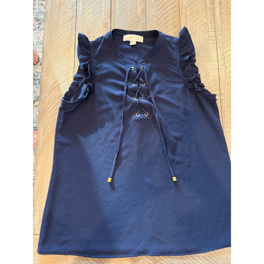 Michael Kors Navy Blue Lace-Up Ruffle Sleeve Blouse‎ Women's Sz M